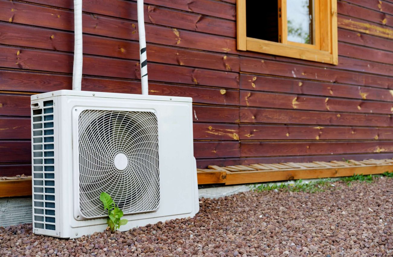 Air conditioner block on wall of building outdoors, close up